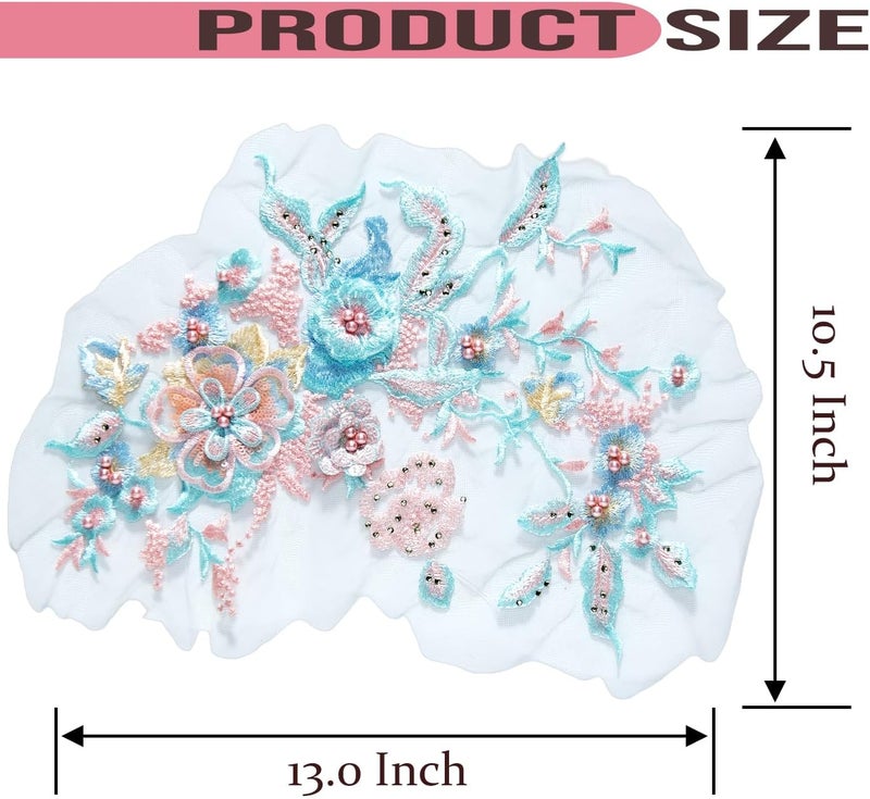 Silvora Colorful Flower Fabric Beaded Lace Applique,3D Embroidered Flower Fabric Patch for Bridal Dress, Handmade Sewing Tool for Wedding DIY Crafts(Blue-2) - Image 2